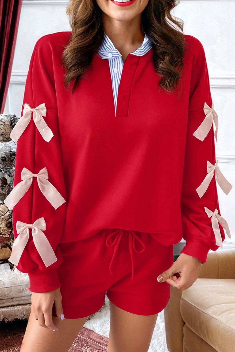 Racing Red Stripe Patchwork Collar Bow Sweatshirt and Shorts Set for wholesale on Faire0