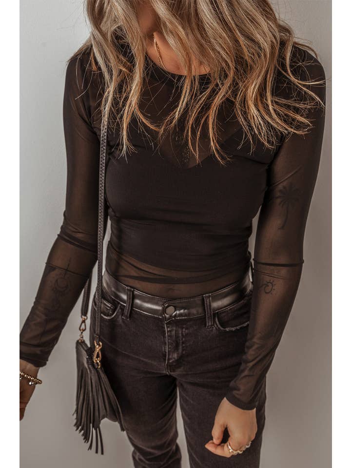 Black Solid Mesh Long Sleeve Bodysuit for wholesale on Faire
