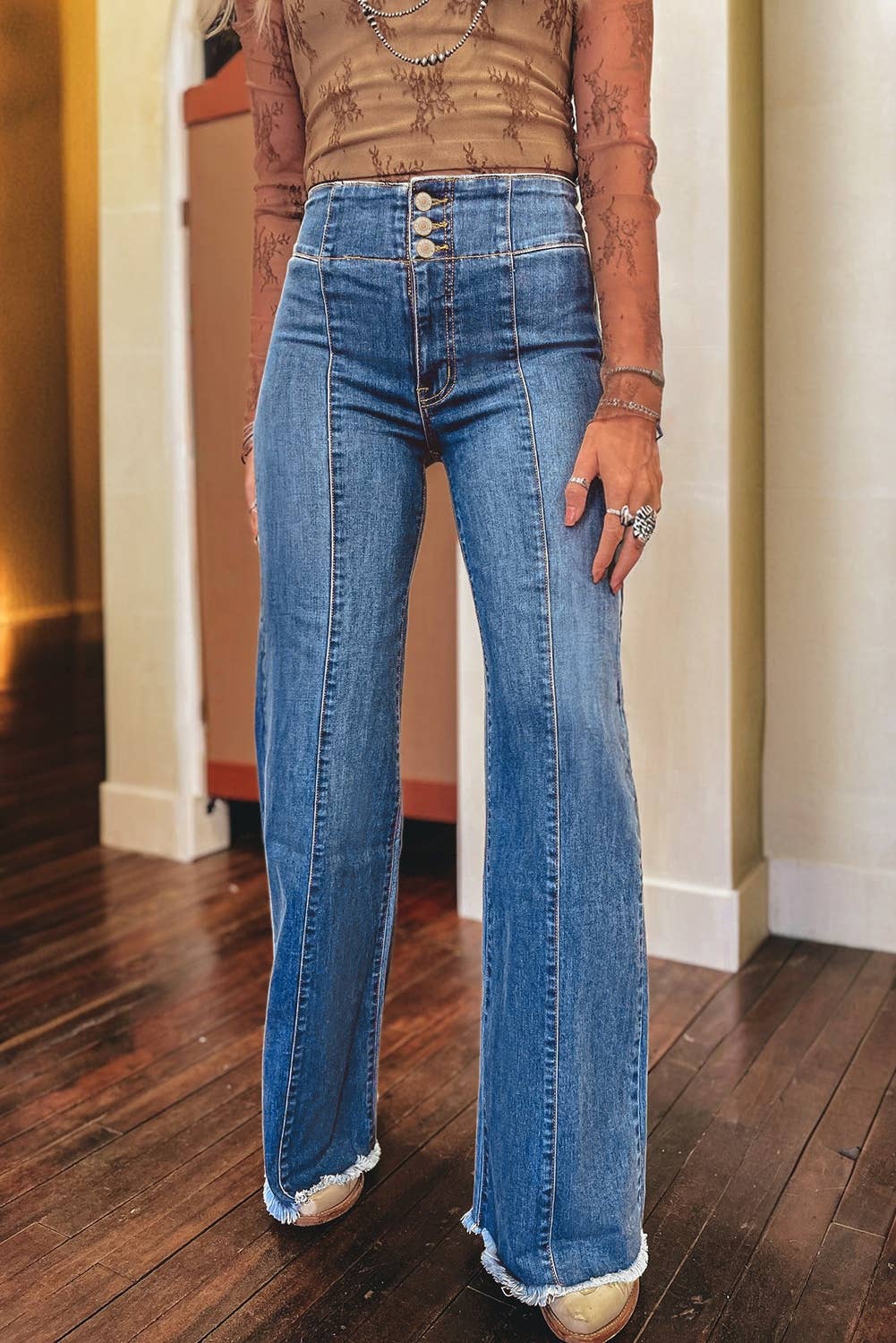 66DISCO - Wholesale Jeans - Women's - 66Western High Waist Button Fly Seamed Raw Hem Flare Jeans1