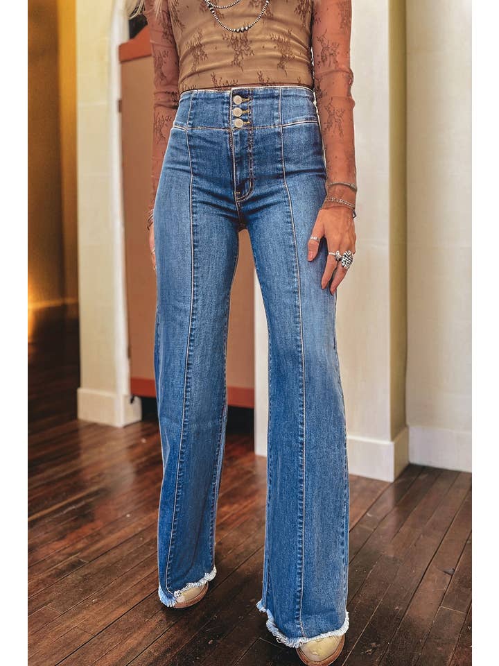 66DISCO - Wholesale Jeans - Women's - 66Western High Waist Button Fly Seamed Raw Hem Flare Jeans1