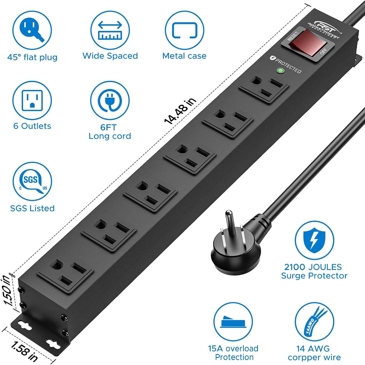 Rocket Socket Technology - Wholesale Power Adapter - CRST 2PK Wider Spaced 6 Outlet Metal Surge Protector Power Strip 2100J 15A 1875W Heavy Duty Mountable Power Bar 6FT Flat Plug Extension Cord1