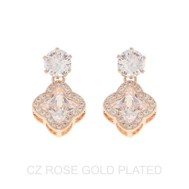 SP Sophia Collection - Wholesale Dangle Earrings - 2-Tier Gold Plated CZ Quatrefoil Drop Earrings