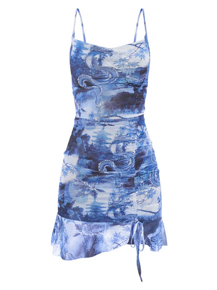 Blå Blue Mesh Dragon Print Ruched Bodycon-klänning för wholesale på Faire