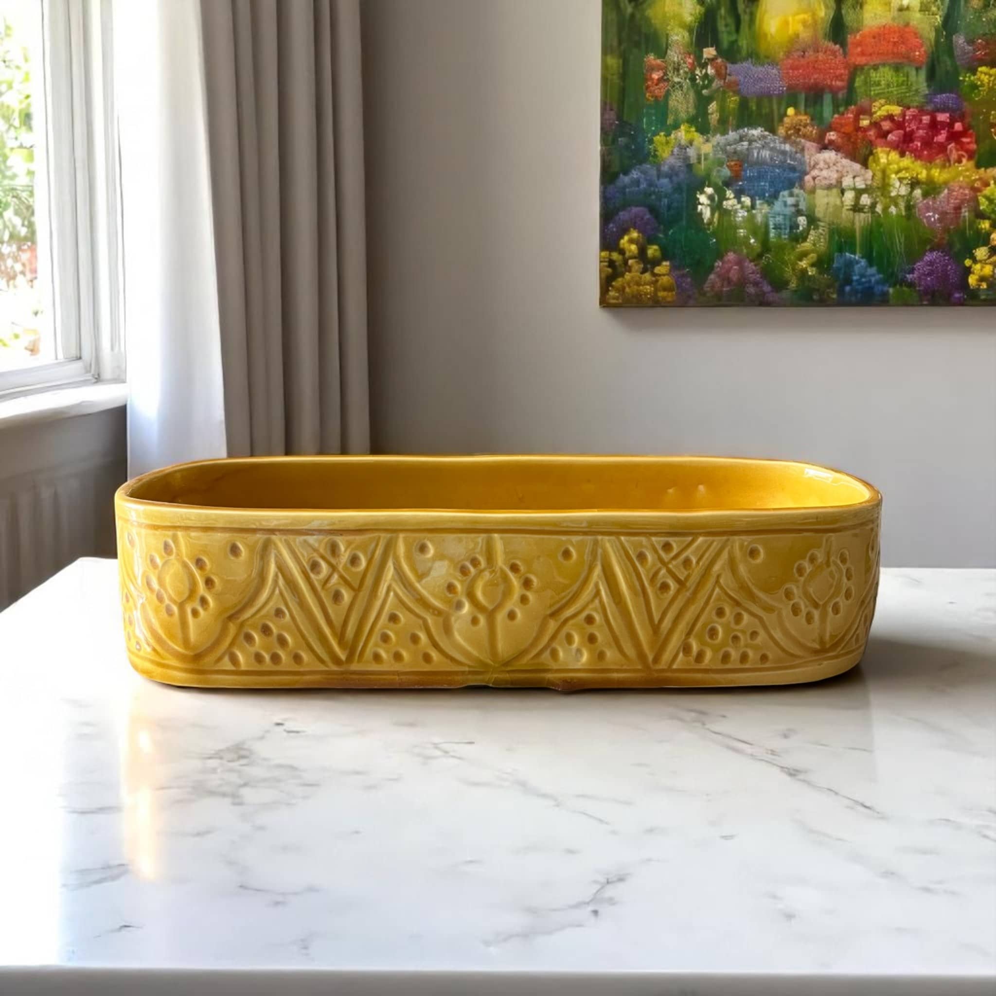 Moroccantastics - Wholesale Decorative Plate/Dish/Bowl - Discover Artisan Charm with This Handmade Yellow Embossed Serving Dish / Trough0