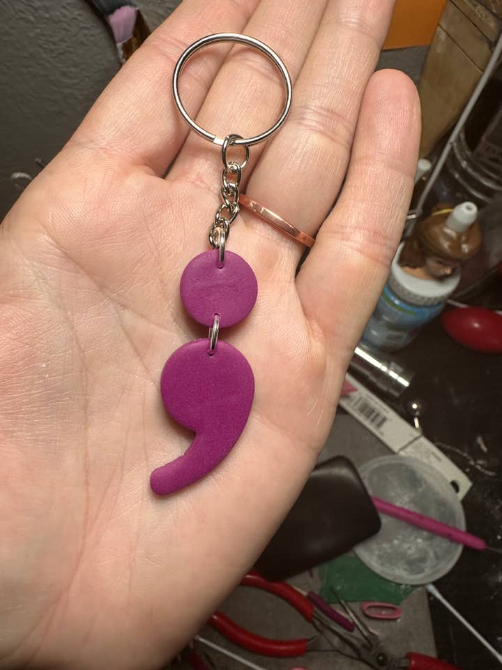 Mental health Semicolon key chain (teal and purple) for wholesale by She makes clay