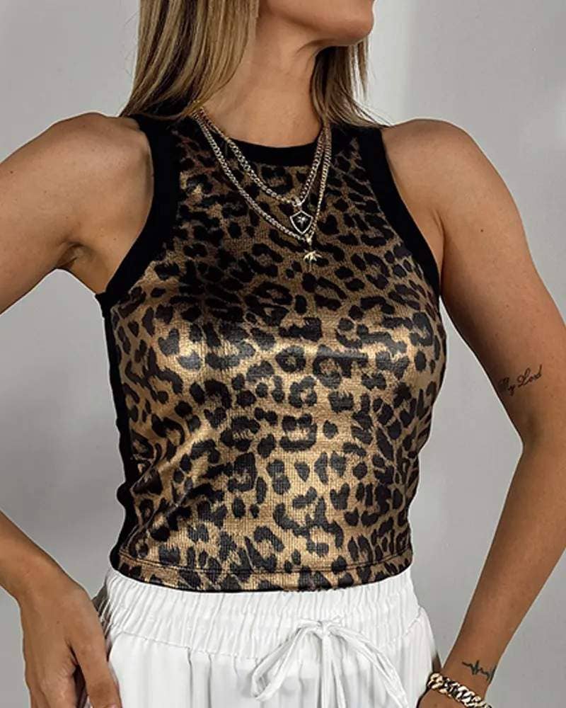 GOLD jacquard leopard pattern metallic o neck tank top for wholesale on Faire4