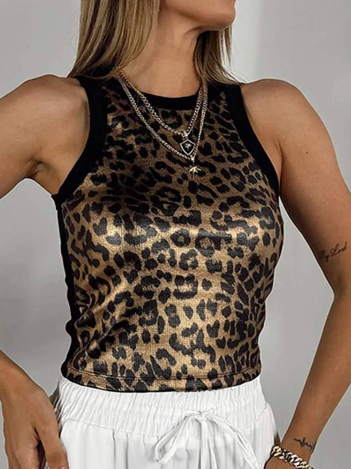 GOLD jacquard leopard pattern metallic o neck tank top for wholesale on Faire4