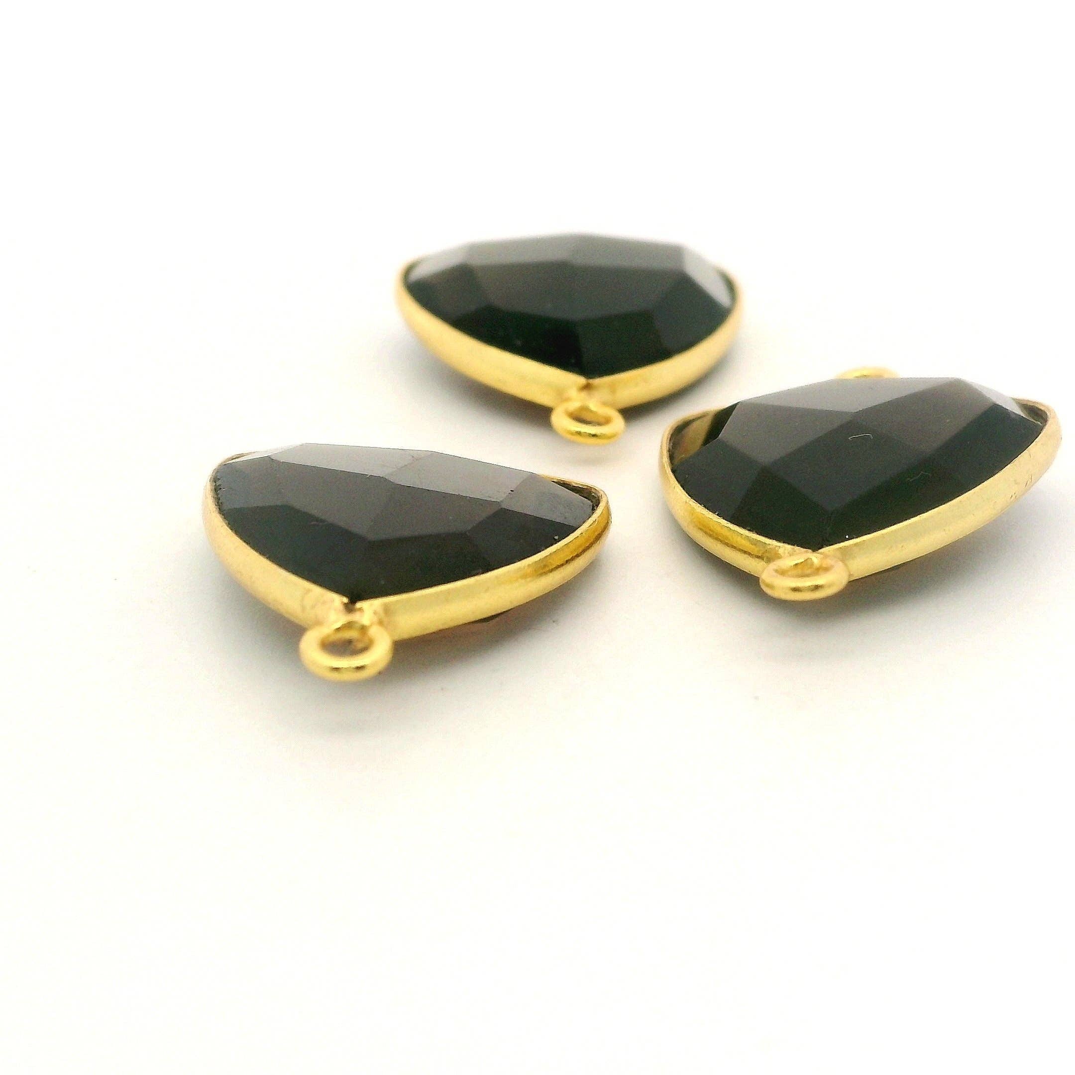 Purity Beads - Wholesale Individual Charm/Pendant - Black Onyx Trillion Connector 15mm | Two Loop Gold Plated Over Sterling Silver and Sterling Silver Bezel Gemstone Connector2