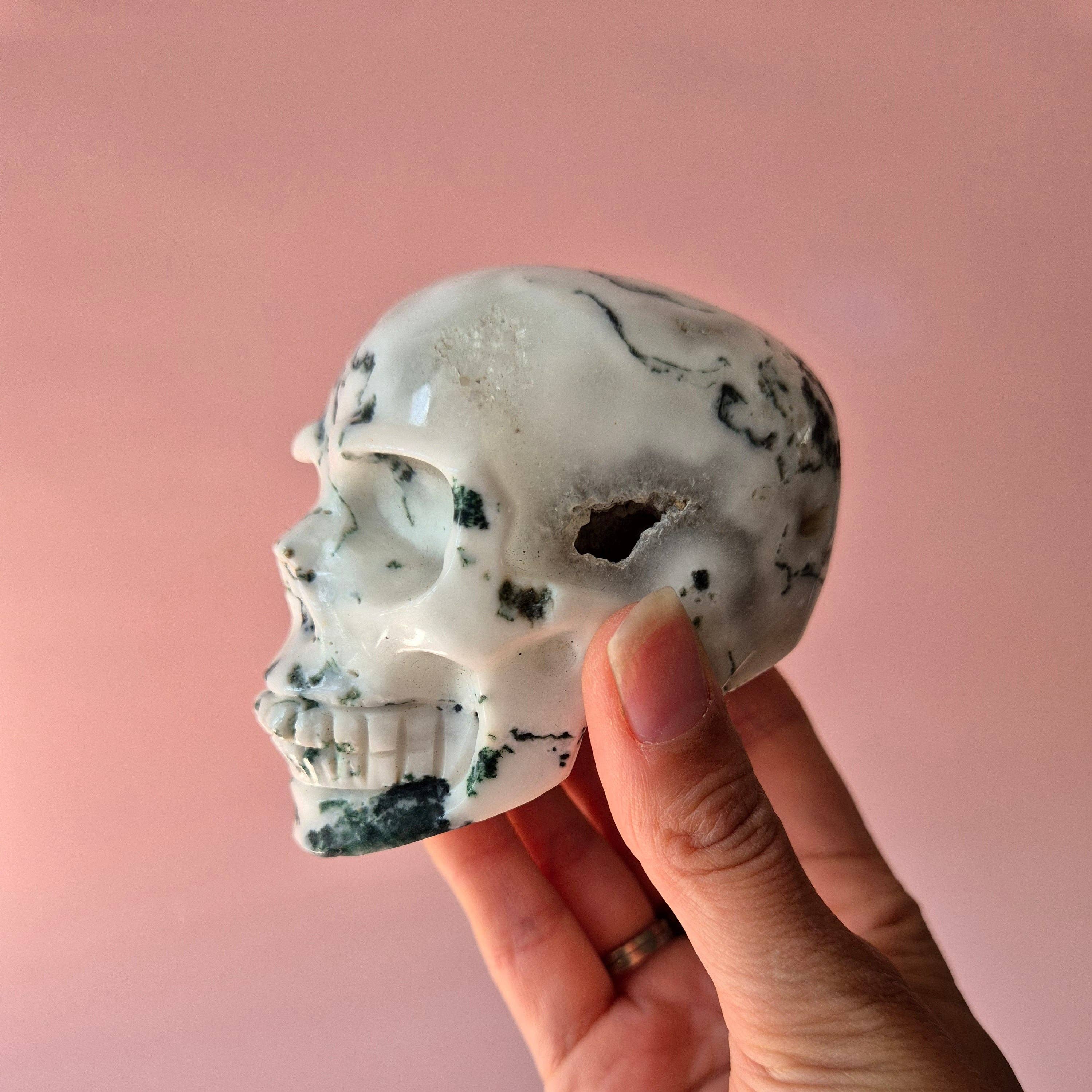 Moonlight Gemstones - Wholesale Spiritual Stone/Crystal - XL Gemstone Skull Moss Agate Skull #7 - 9cm 413gram Skull5