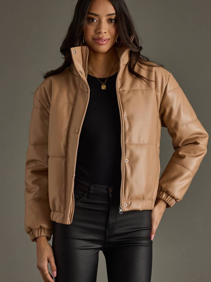 Tan Puffer Jacket for wholesale by Panache Apparel Co.