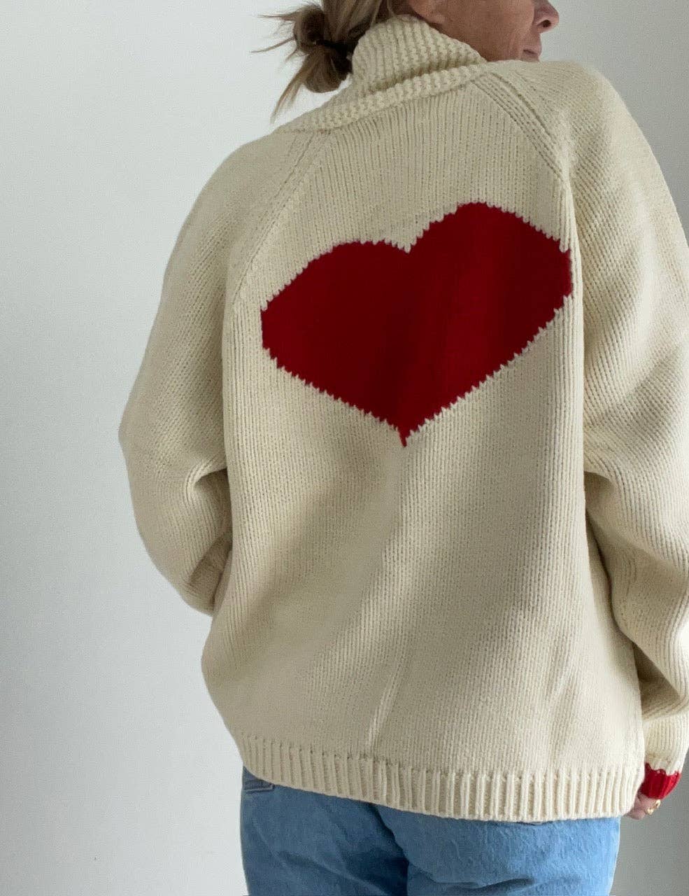 Pink Pineapple - Wholesale Cardigan - Women's - Varsity Chunky Heart Cardigan in Ivory/Red3