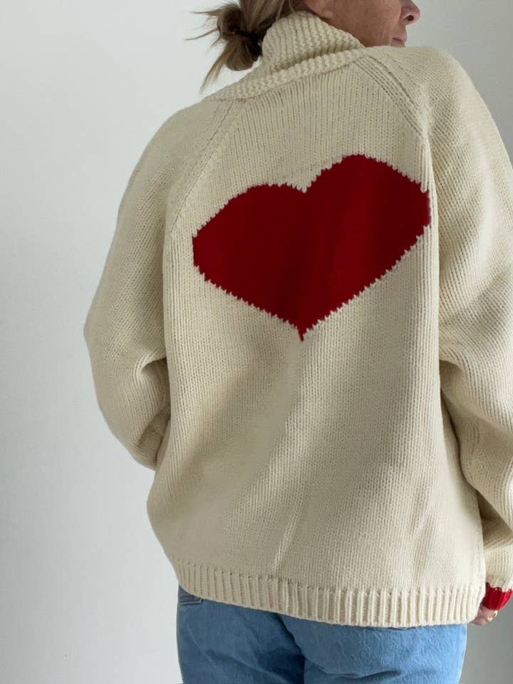 Pink Pineapple - Wholesale Cardigan - Women's - Varsity Chunky Heart Cardigan in Ivory/Red3