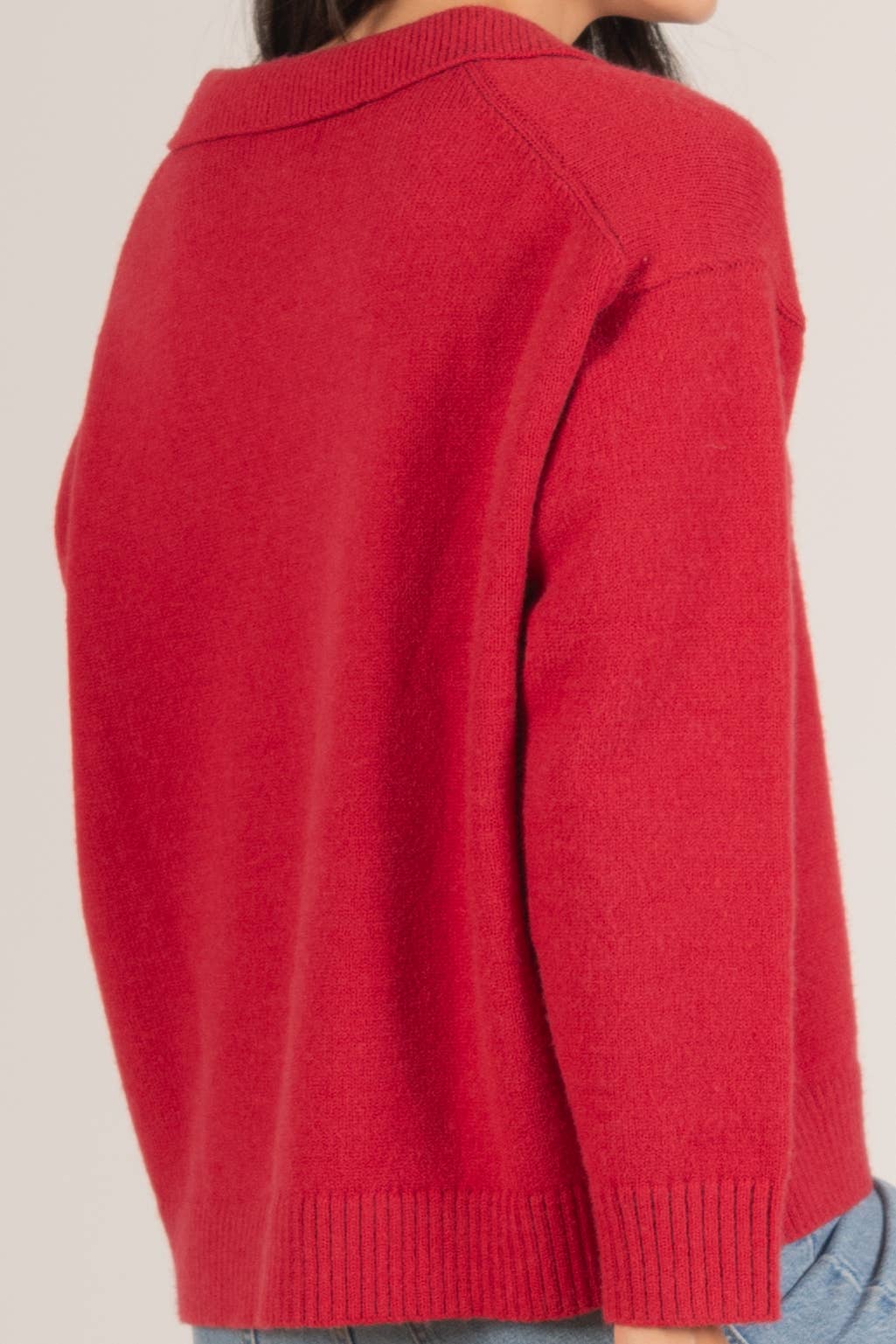 Dark Raspberry Knit Collared V Neck Ribbed Border Sweater Top	 for wholesale on Faire15