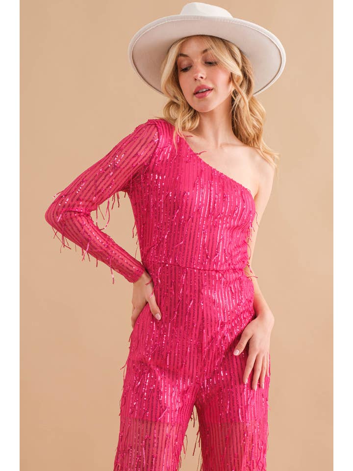 Blue B - Wholesale Jumpsuit - Women's - 34015R - Sequin Fringe Embellish One Shoulder Jumpsuit