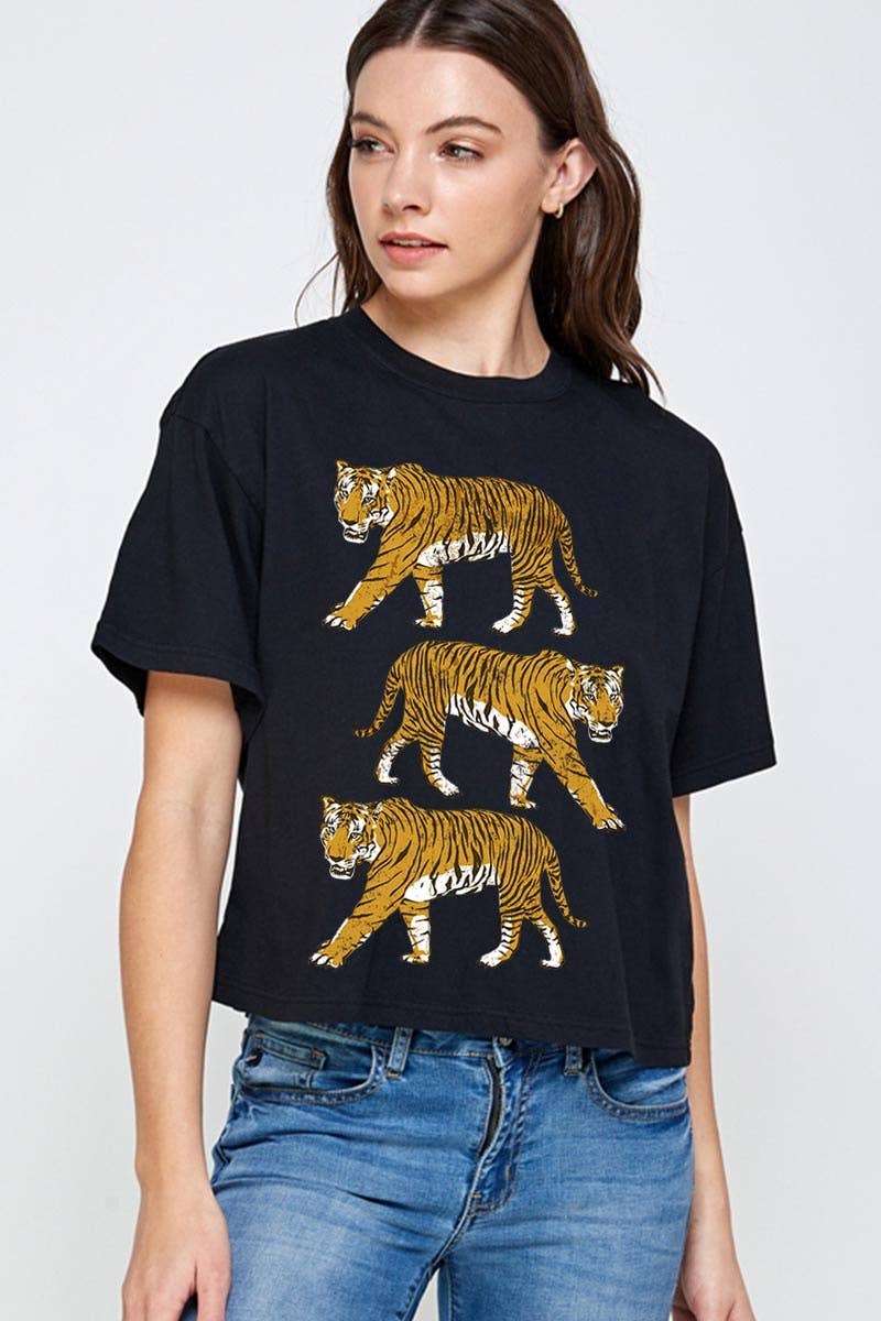 COLORBEAR - Venta al por mayor Camiseta estampada - Mujer - Top corto relajado gráfico de tigres retro6