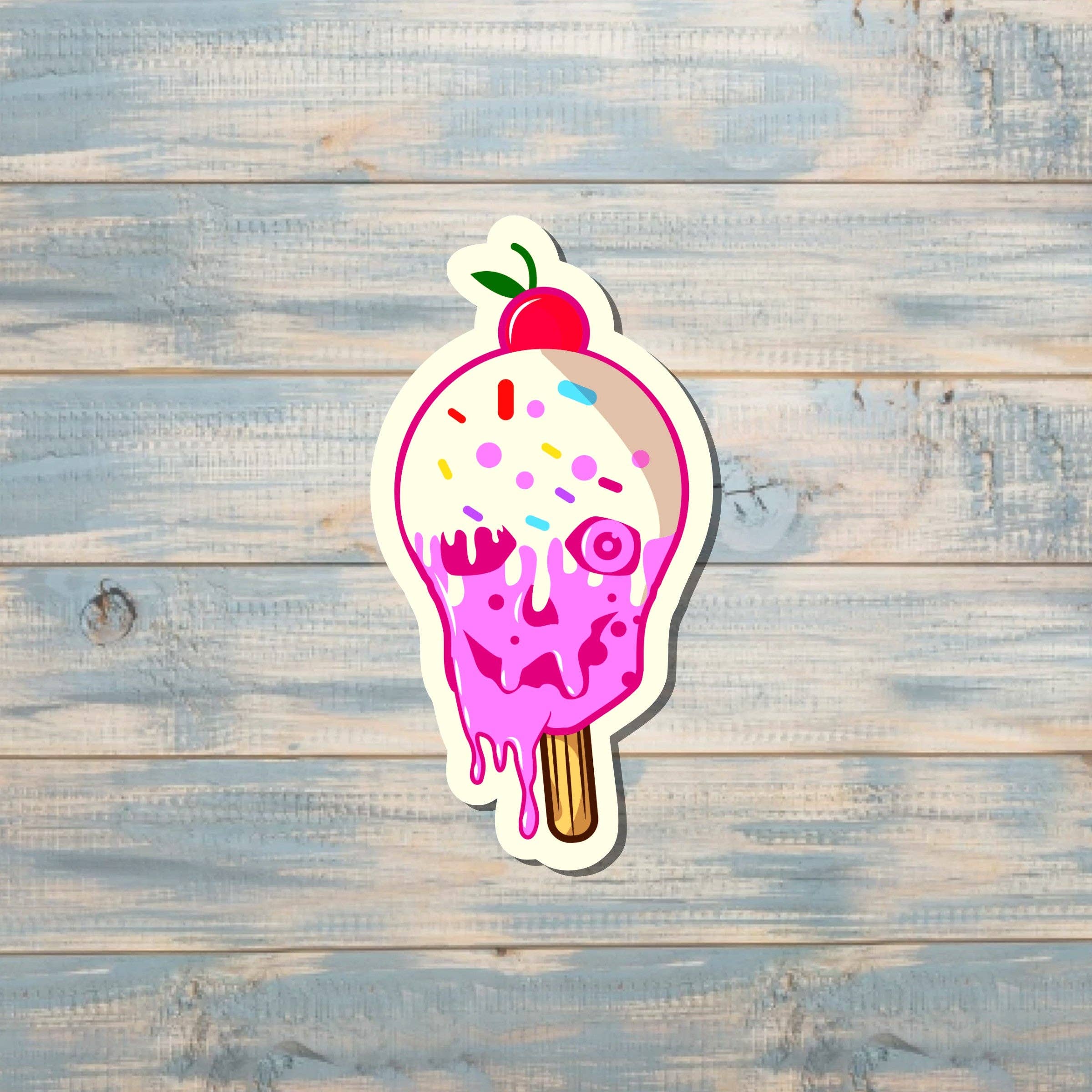 Handmade by Marlayna - Wholesale Sticker - Creepy Pink Ice Cream Stick, Die Cut Sticker, Graphic Art Vinyl, , Boho Fun |Sticker or Magnet