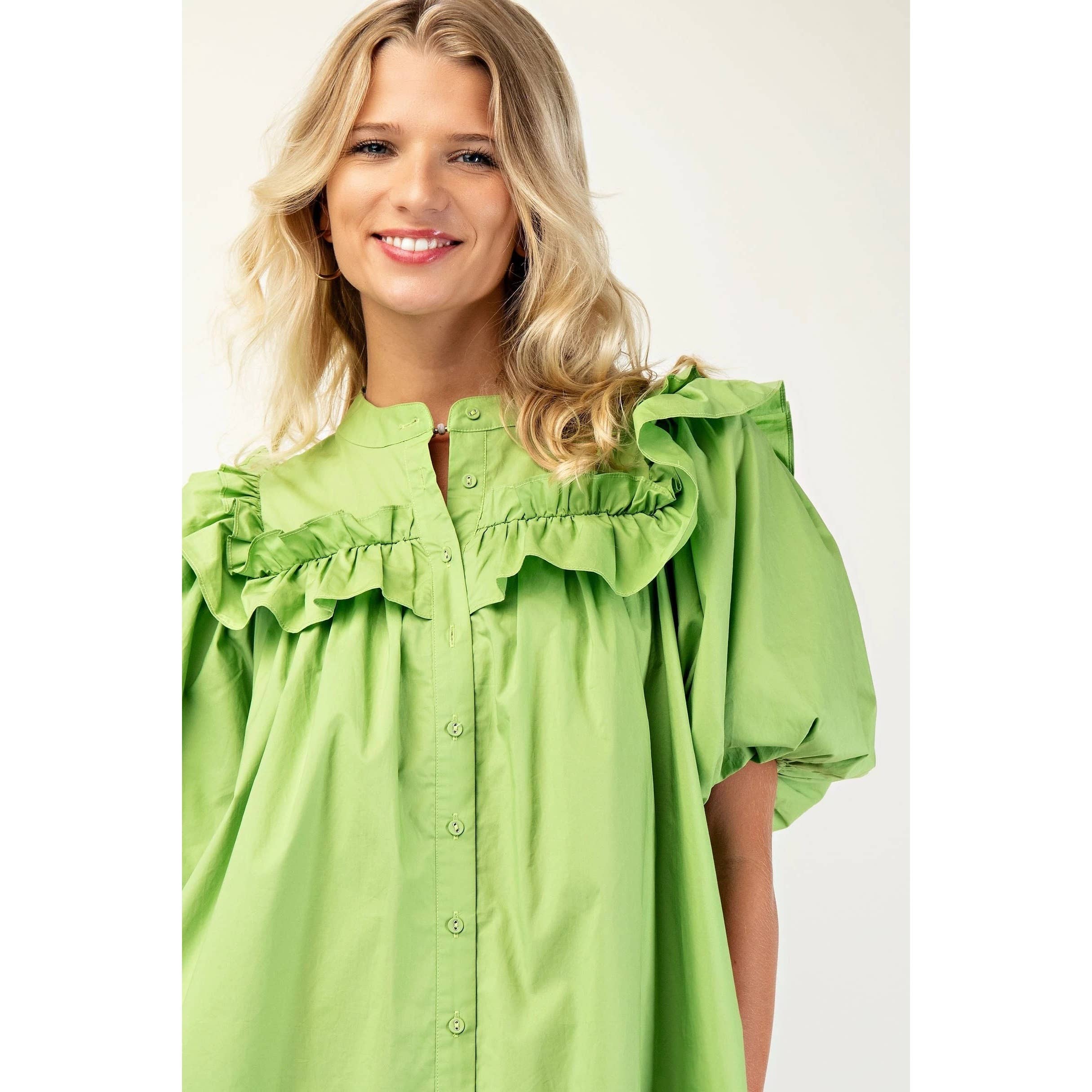 BNS - Wholesale Dress - Women's - Puff Sleeve Mini Dress w_Mandarin Collar n Ruffle4