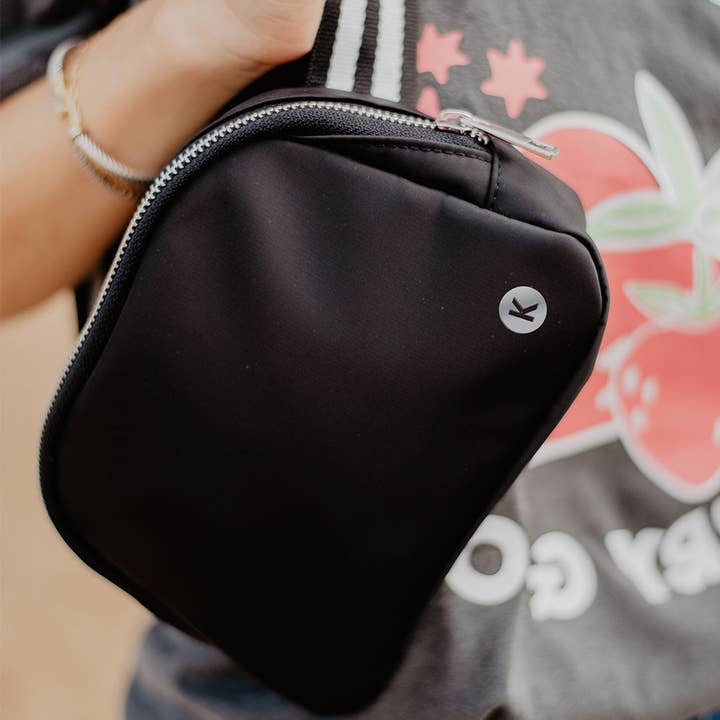Black Solid Belt Bag with Striped Strap for wholesale on Faire