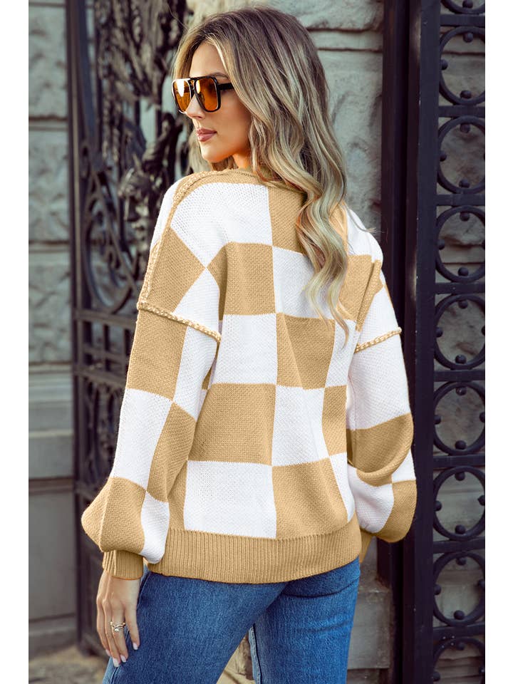 1 the Woman - Wholesale Knit Sweater - Women's - Checkered Bishop Sleeve Sweater | 9 Colors8