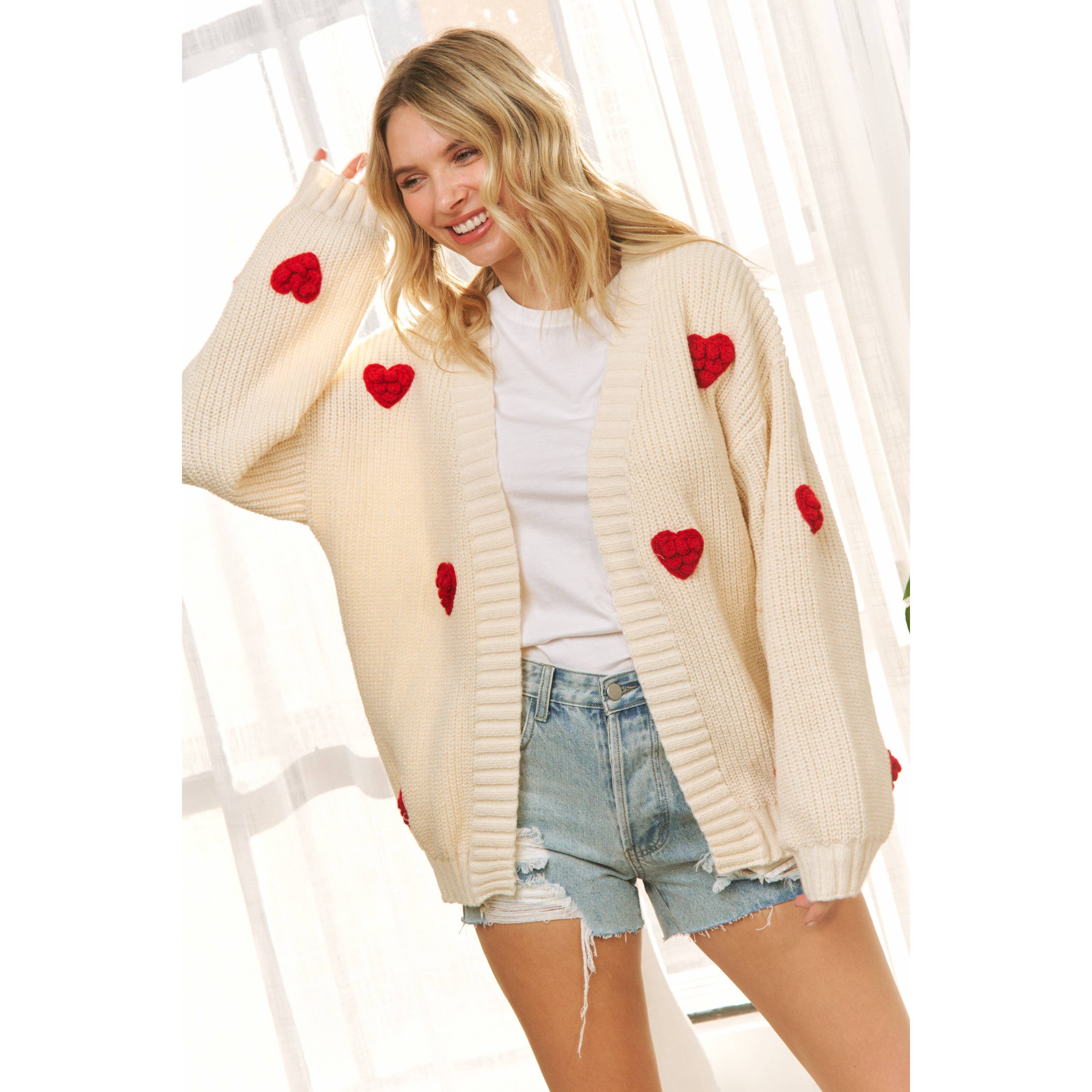 Cream HEART 3D PATTERN SWEATER CARDIGAN for wholesale on Faire1
