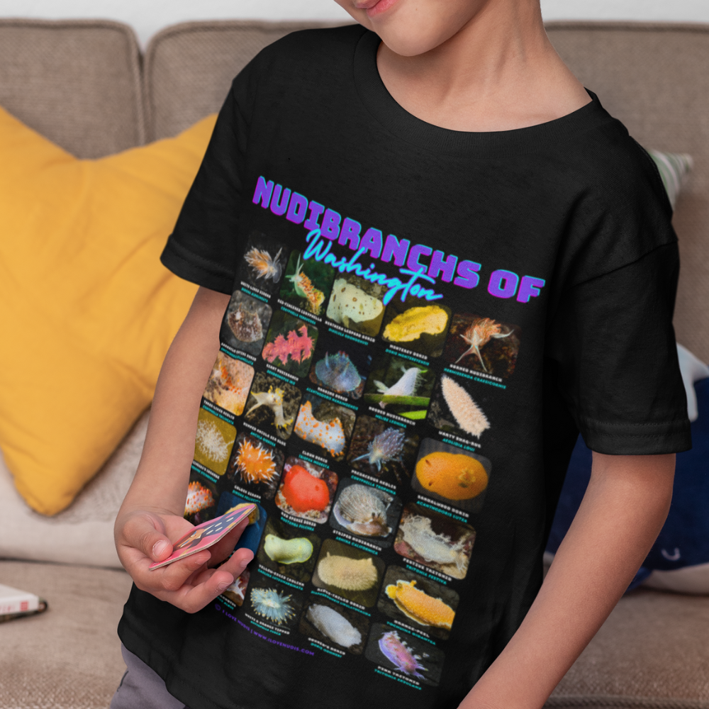 I LOVE NUDIS - Wholesale Screen Printed T-Shirt - Kids - I LOVE NUDIS™ Nudibranchs of Washington Black Kids Softstyle Tee with Photos & Common/Scientific Names8