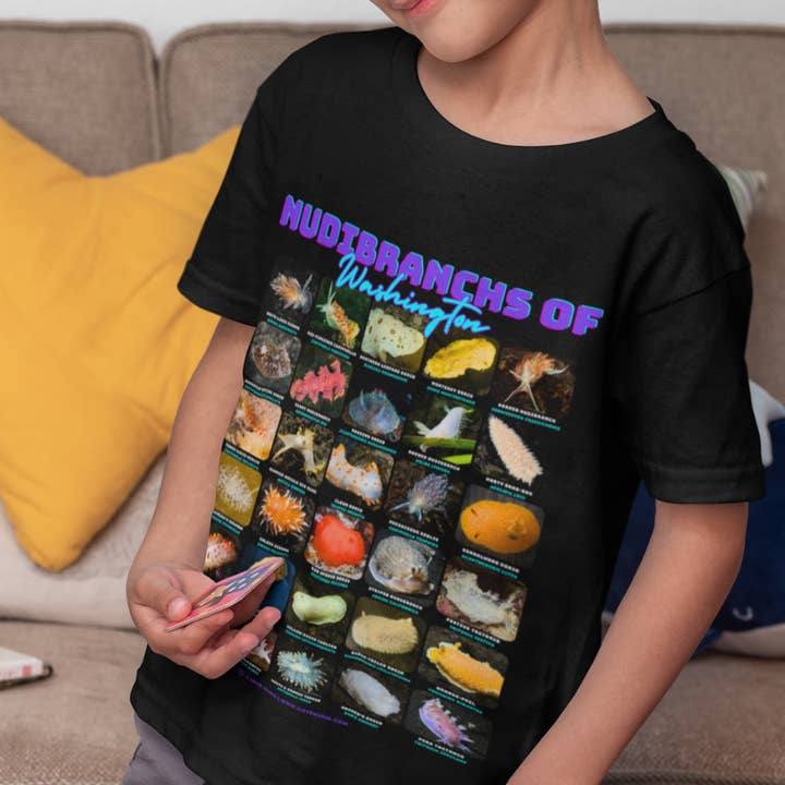 I LOVE NUDIS - Wholesale Screen Printed T-Shirt - Kids - I LOVE NUDIS™ Nudibranchs of Washington Black Kids Softstyle Tee with Photos & Common/Scientific Names8
