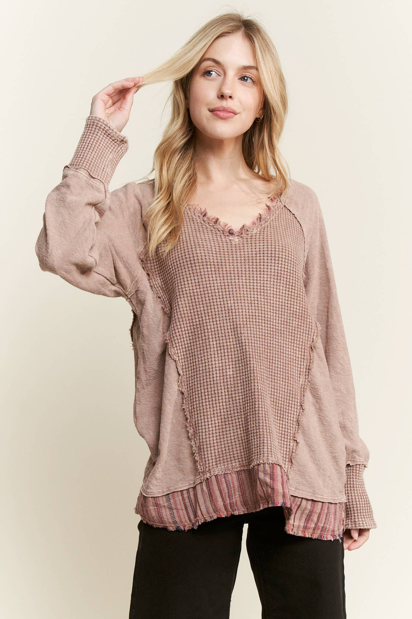 J.Her - Wholesale Knit Top - Women's - MineralWash Frayed stripe Waffle Melangie knittop  HT59114