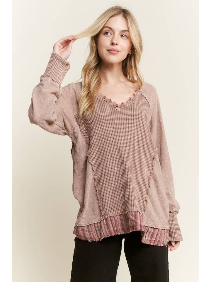 J.Her - Wholesale Knit Top - Women's - MineralWash Frayed stripe Waffle Melangie knittop HT59114