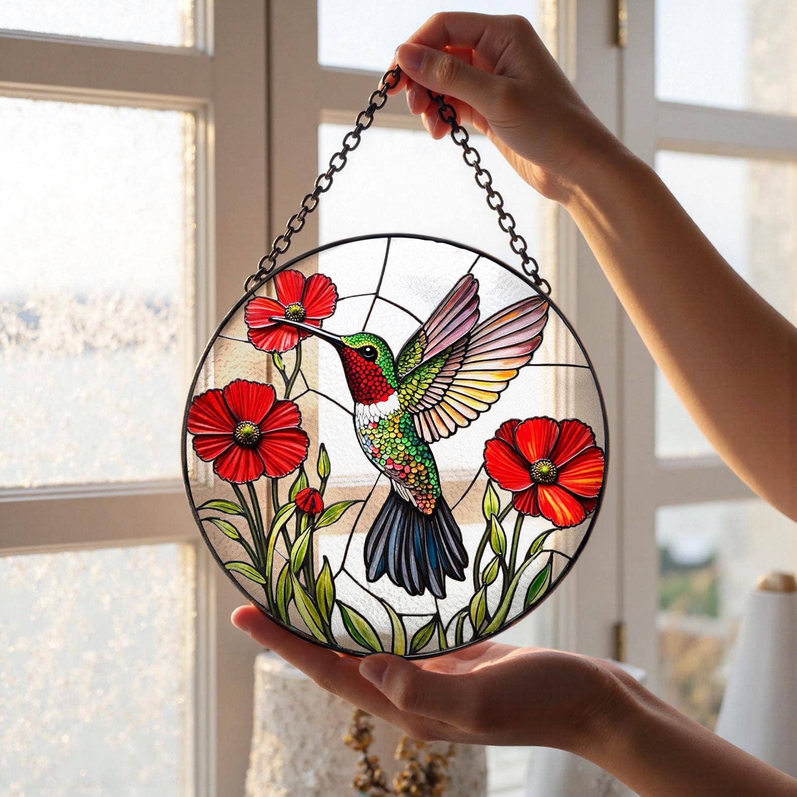 TMLECOM LTD - Wholesale Suncatcher - Hummingbird Stained Glass Suncatcher, Bird and Poppy Decor3