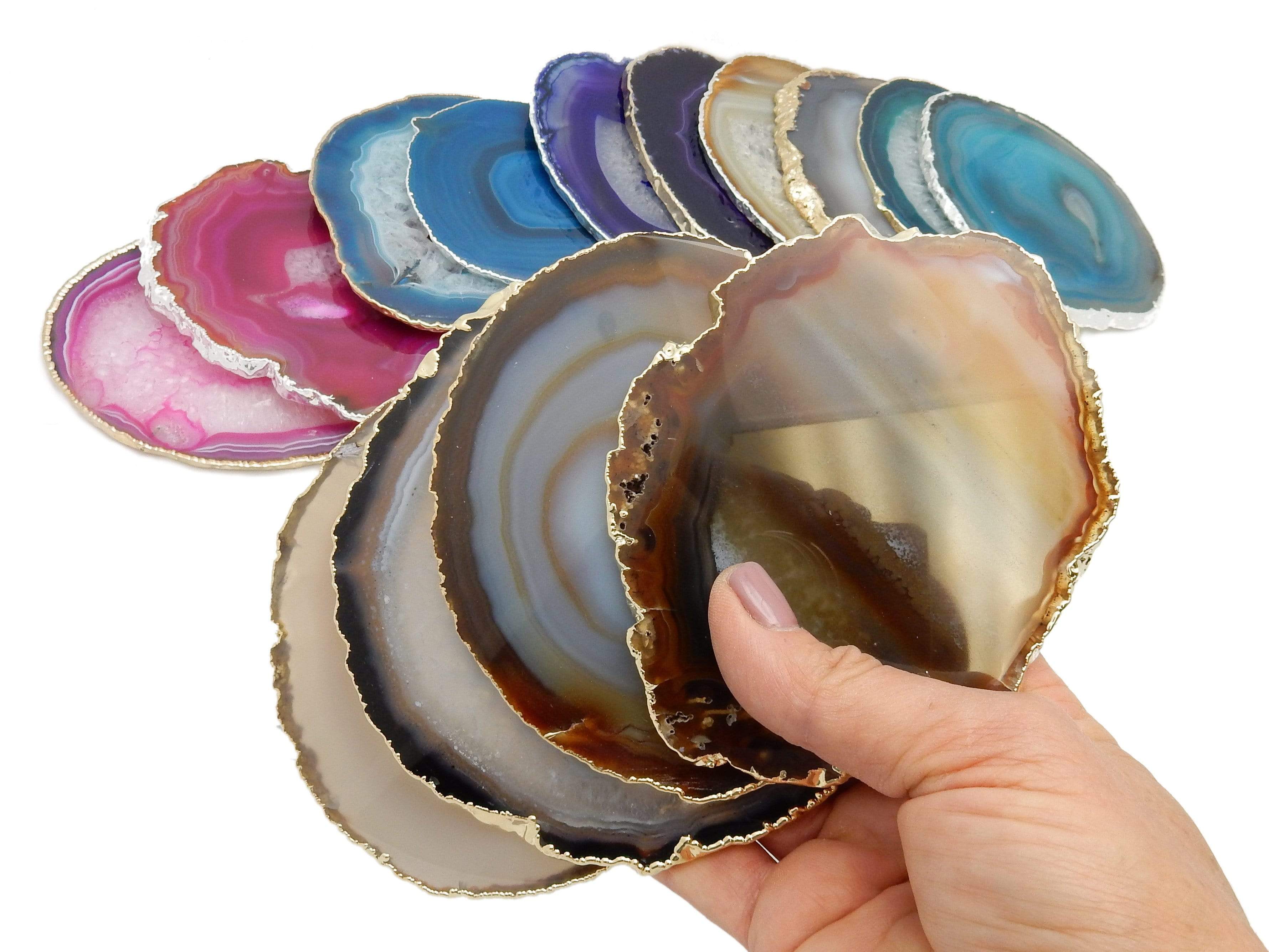 Rock Paradise - Wholesale Coasters - Set of 4 Agate Crystal Coasters Gold /Silver Electroplated 8