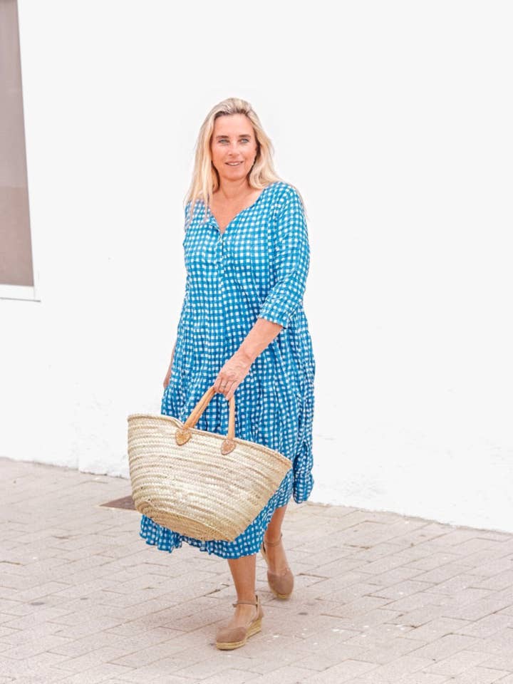 Anarkali blauwe boho tuniek in geometrische handblokprint, kaftanstijl voor wholesale door Aurobelle Ibiza