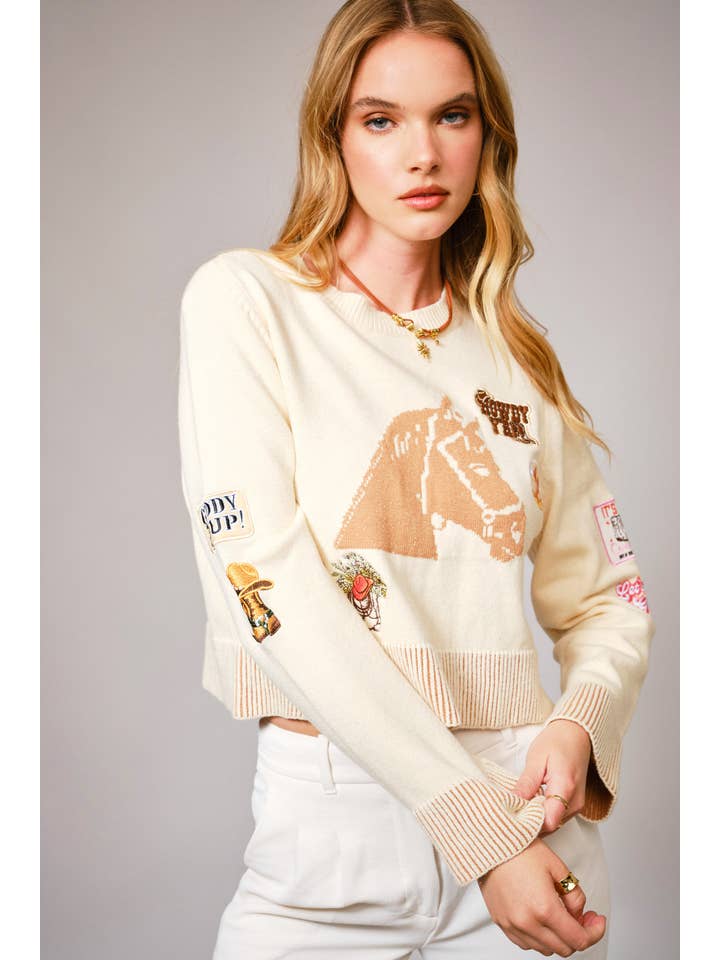 IVORY 36839W - Horse Graphic Western Patch Sweater for wholesale on Faire2
