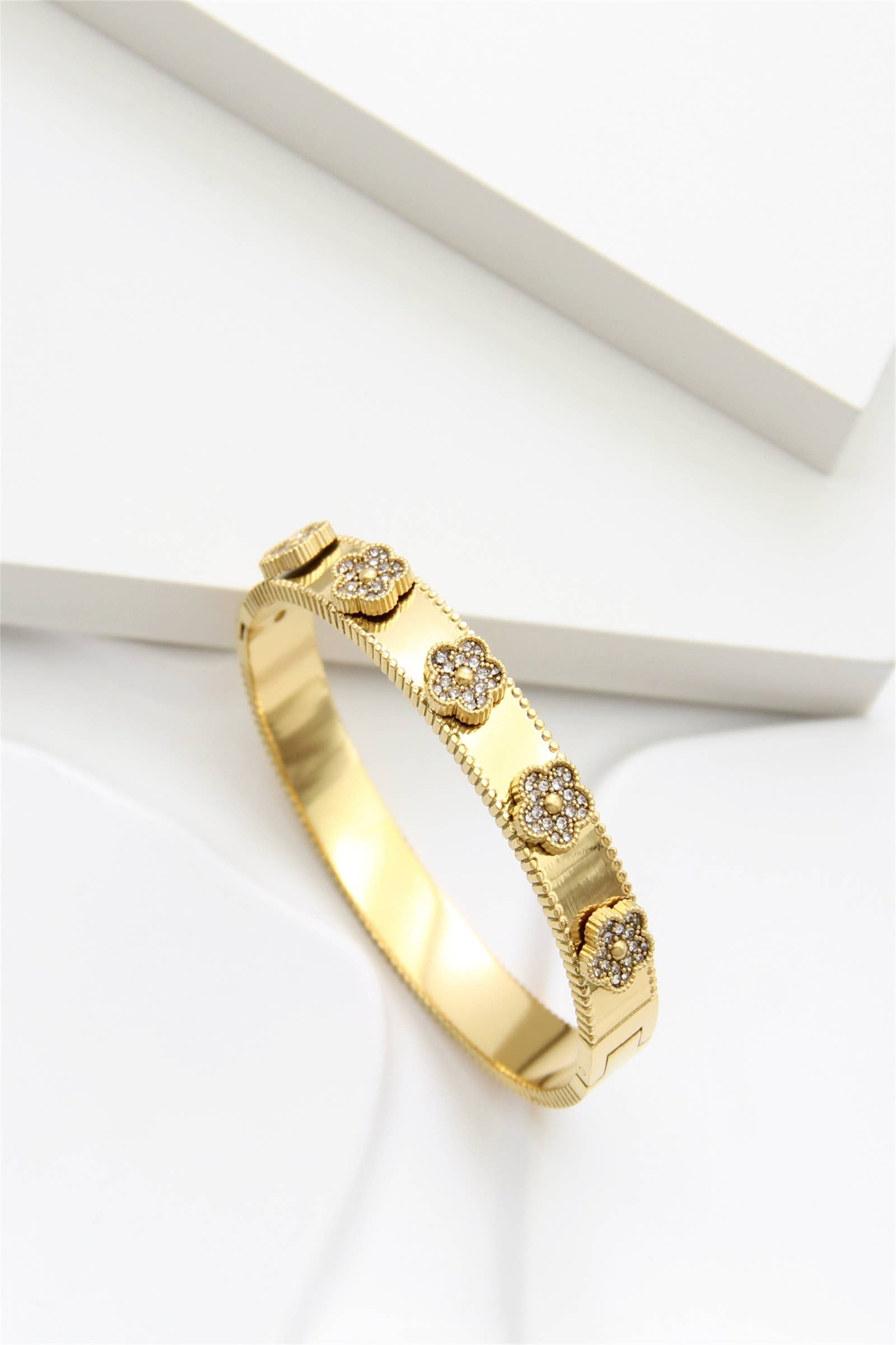 Gold Golden Stainless Steel Bangle Bracelet with Flower Rhinestones for wholesale on Faire1