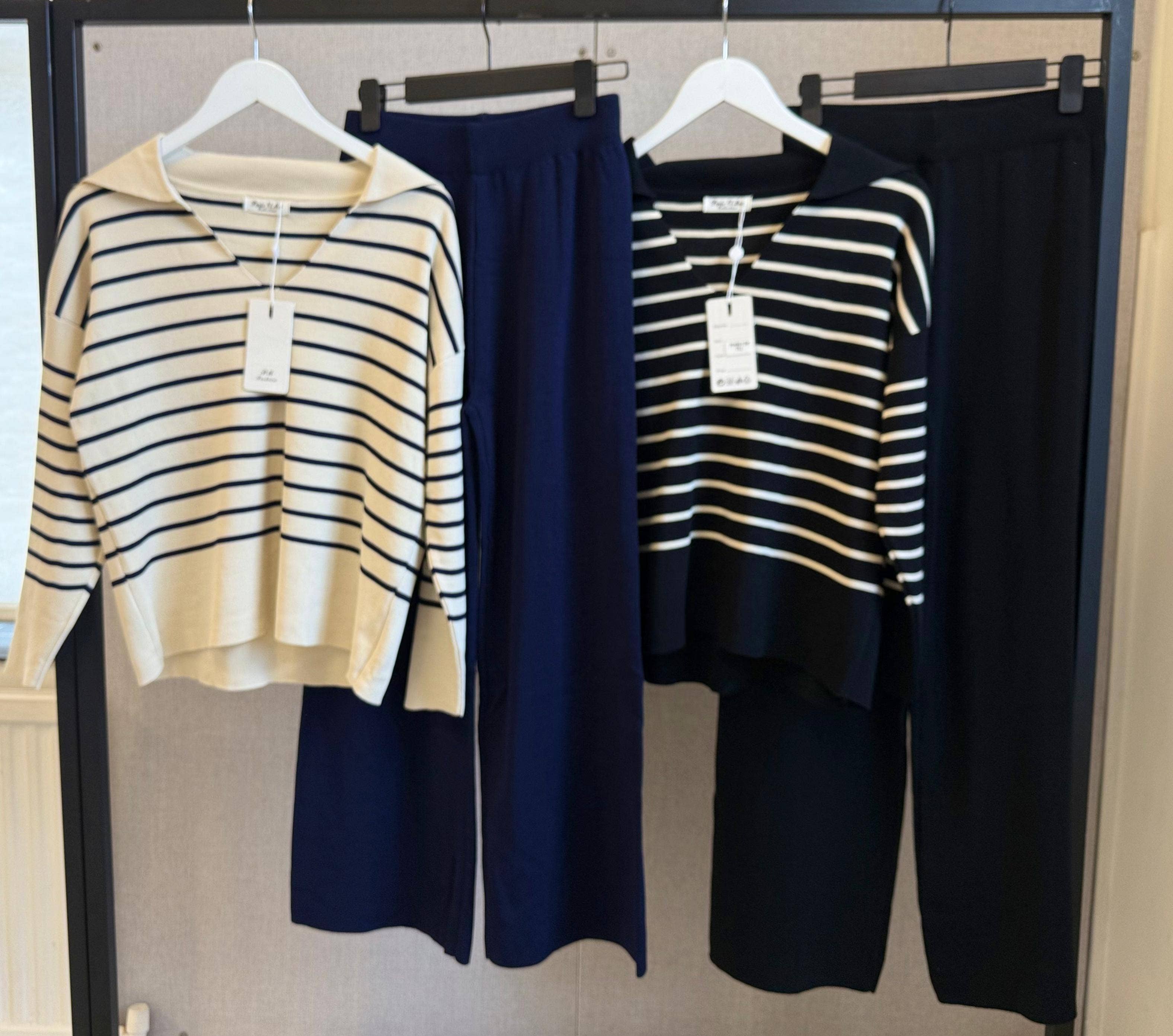 ANGELEYE – wholesale Top & pants set (NOT Loungewear) – Women's – Knit Co-ords in Cream and Navy Stripes1