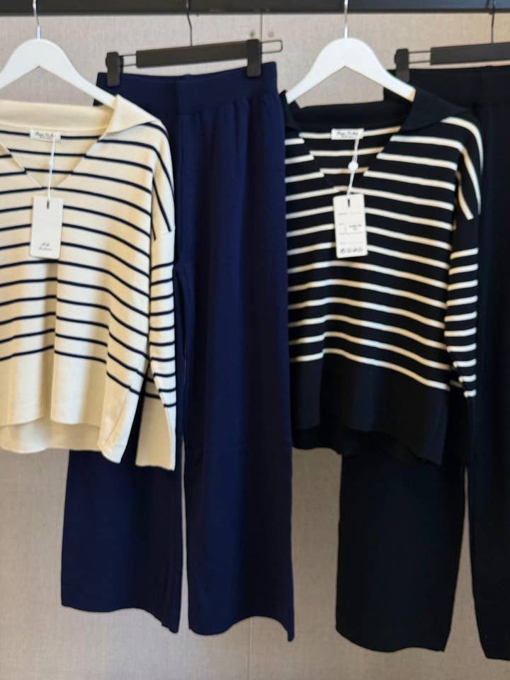 ANGELEYE - Wholesale Top & Pant Set (NOT Loungewear) - Women's - Knit Co-ords in Cream and Navy Stripes1