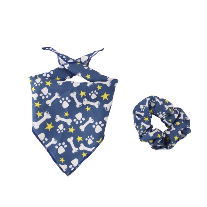 Pawsitively Adorable: Blue Matching Dog Bandana and Hair Scrunchie Set for wholesale by The Glam Fam