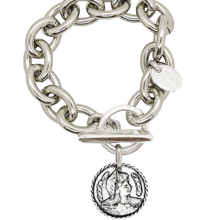 Pulsera en cadena con moneda Camp antigua en plata para venta al por mayor de Gloria Mago