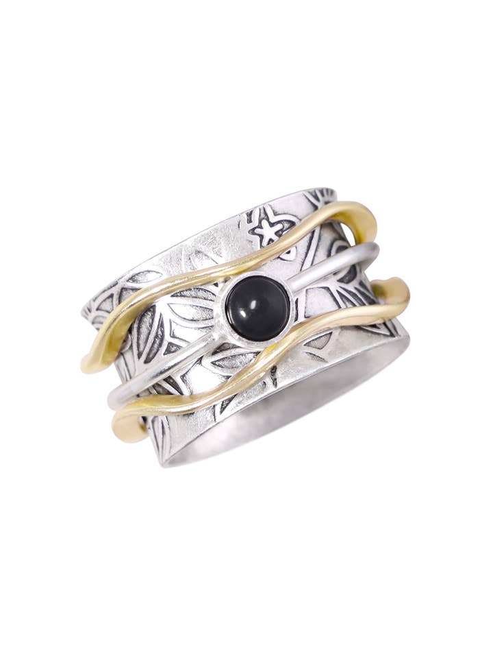 Anello spinner con motivo floreale in onice nero - SF per la vendita all'ingrosso da parte di Zoey Simmons