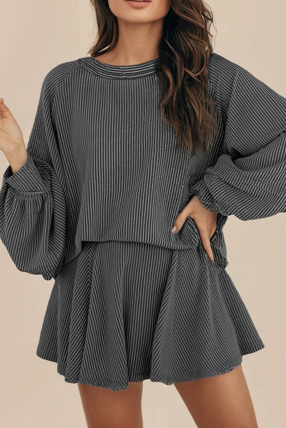 LA Society - Wholesale Top & Skirt Set - Women's - Corded Lantern Sleeve Top and High Waist Skirt Two Piece Set4