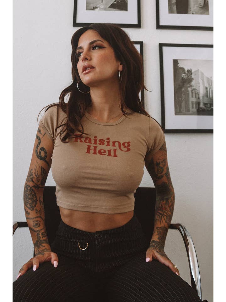 Tan Raising Hell 90's Baby Crop Tee for wholesale on Faire2