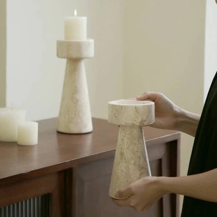 BRECK + FOX - Wholesale Candle Holder - Faux Travertine Stone Candle Holder