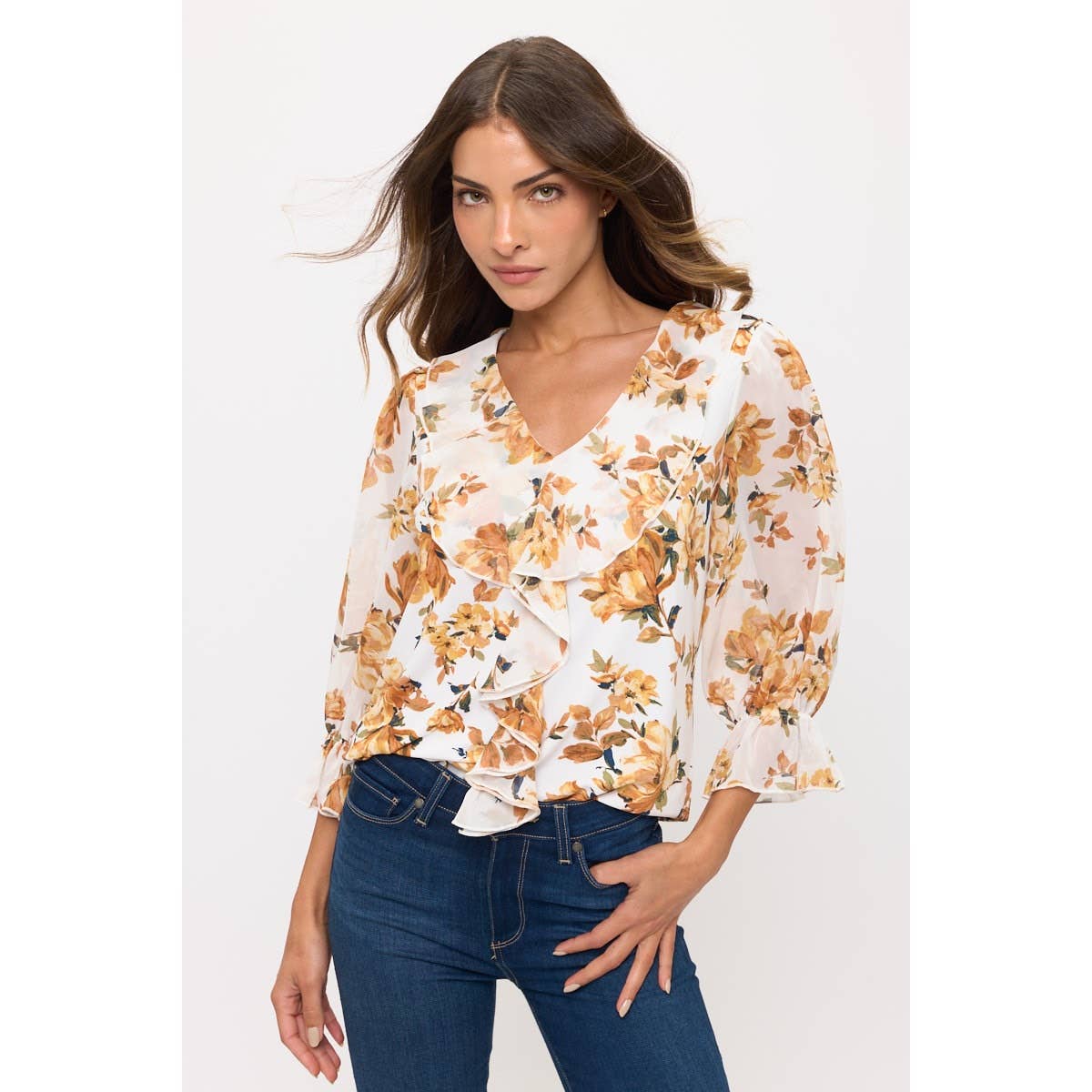 IVORY GREEN GOLD FLORAL MIX MEDIA CASCADE BLOUSE for wholesale on Faire0