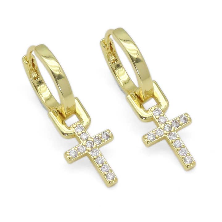 CZ Gold Cross Hoop Earrings, Sku#Y917 for wholesale by BestBeads&Beyond