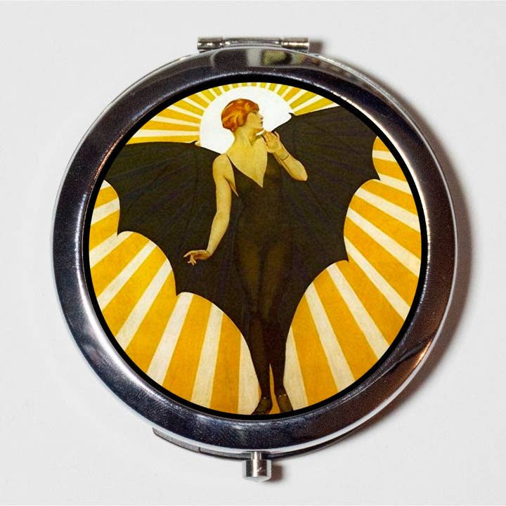 FringePop - Wholesale Compact Mirror - Art Deco Bat Lady Compact Mirror - Goth Roaring 1920s Jazz Age - Make Up Pocket Mirror for Cosmetics