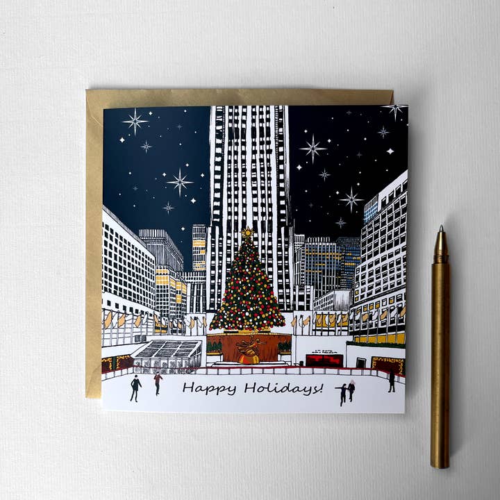 Biglietto natalizio Rockefeller con immagine di New York per la vendita all'ingrosso da parte di Katie Clement Illustration
