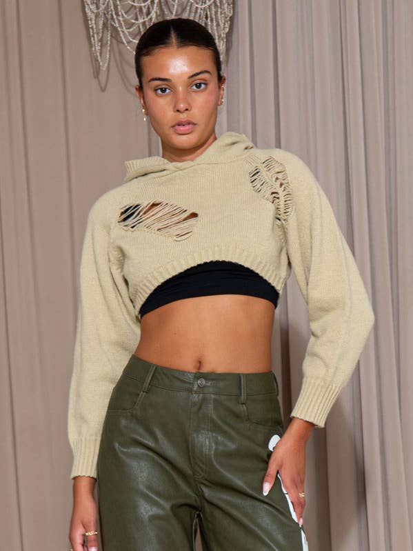 Verontruste Gebreide Korte Hoodie Trui voor wholesale door Rehab Lab