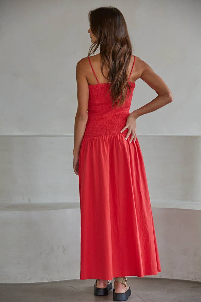 Ruby Red L9602 | Woven Cotton Sleeveless Smocked Midi Dress for wholesale on Faire2