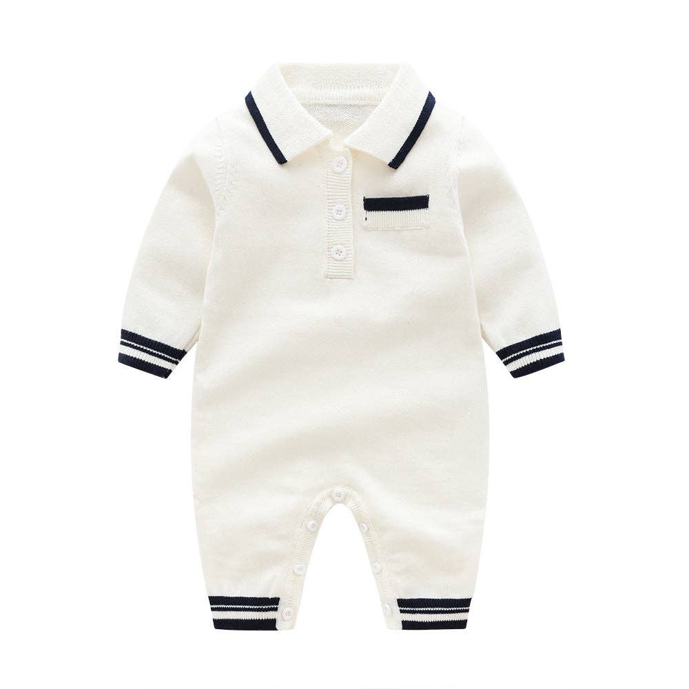 MyKids-USA® – wholesale Byxdress - Baby – Bebis enfärgad kvartsknappdesign med krage stickad college-stil romper6