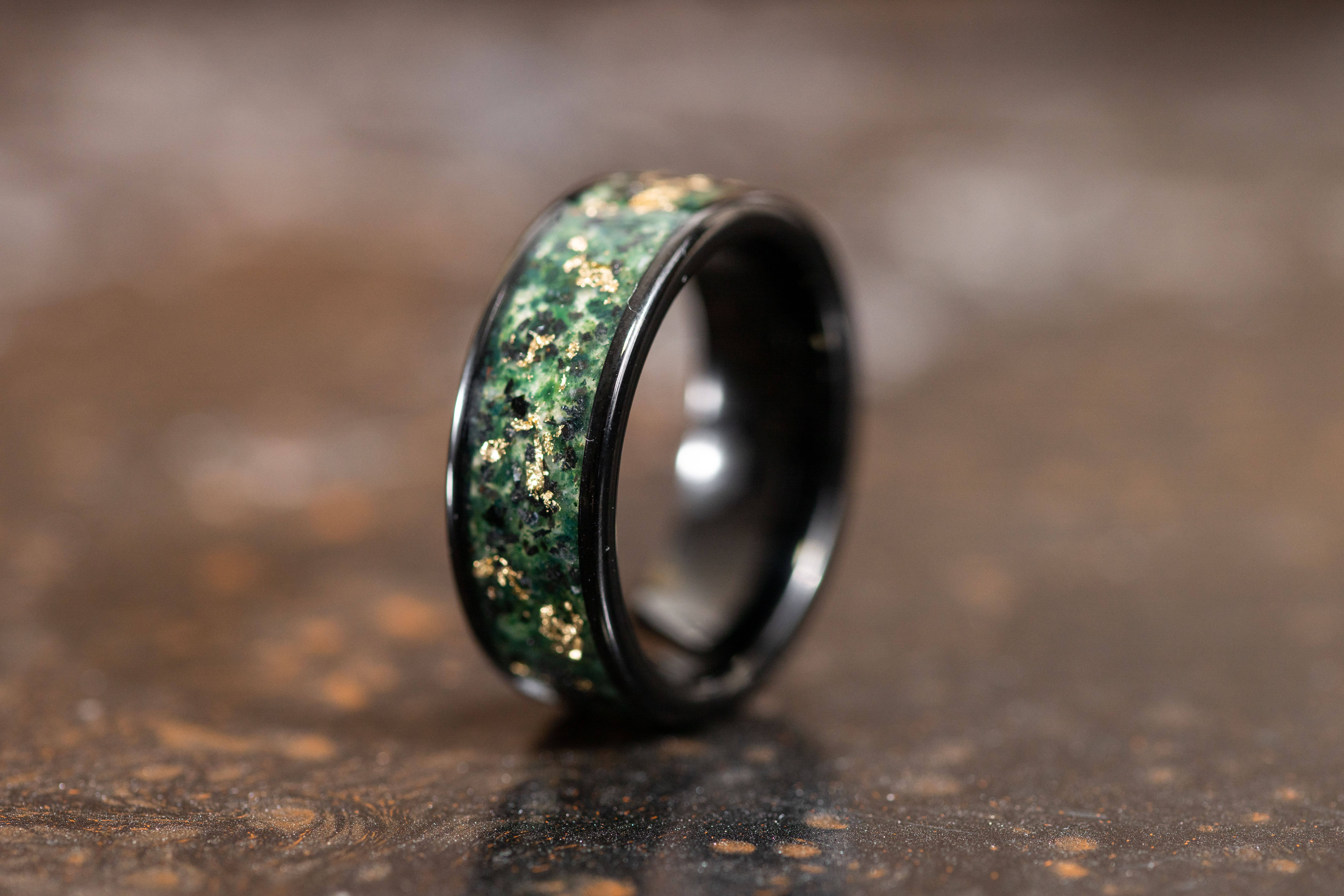 AxBands - Wholesale Wedding Band/Ring - Black Ring with 24k Gold Flake and Moss Agate Stone Inlay1