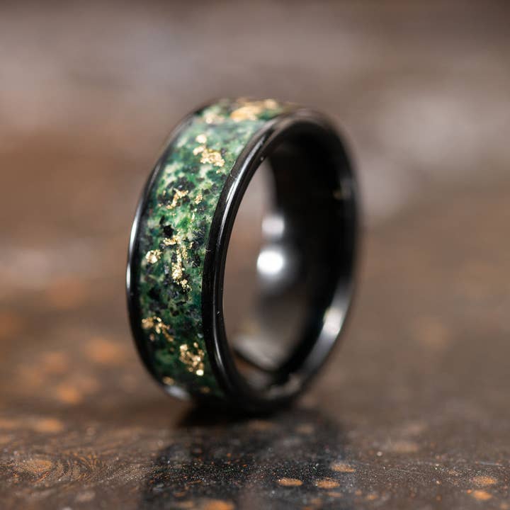 AxBands - Wholesale Wedding Band/Ring - Black Ring with 24k Gold Flake and Moss Agate Stone Inlay1